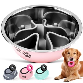 Focxoio 2-in-1 Stainless Steel Slow Feeder Dog Bowl,Silicone Slow Feeder Insert for Dog Bowl with Anti-Slip Base,Natural Rubber Tire Chew Toy(Pink,Large)