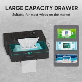 Toilet Paper Holder with Shelf,Wall Mount/Adhesive Matte Black Toilet Paper Holder,Wipes Dispenser for Bathroom,Wood Toilet Roll Holder with Storage Drawer