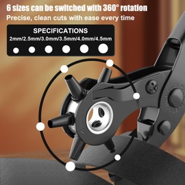 Diyife Belt Hole Puncher, [with Rotatable Punching Head], Hole Punch with Adjustable Hole Size, Equipped with Ruler, Extra Plate, Screwdriver. Suitable for Belts, Cards, Rubber, Paper (Black)