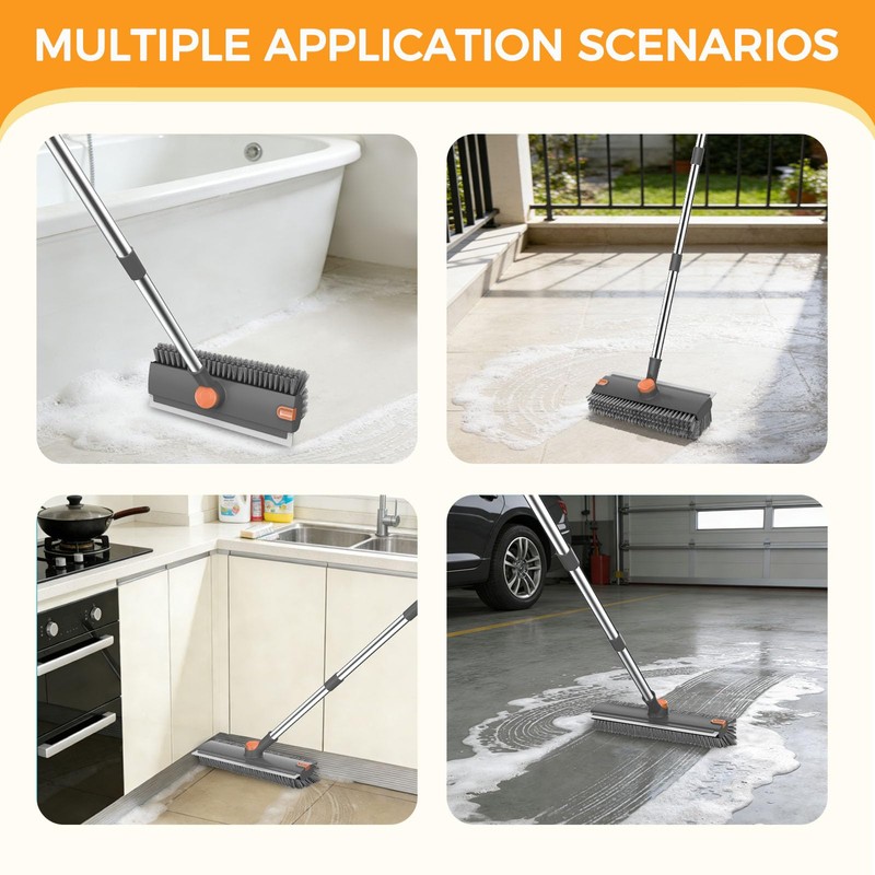 Floor Scrub Brush with Scraper and Stiff Bristle, Grey&Orange