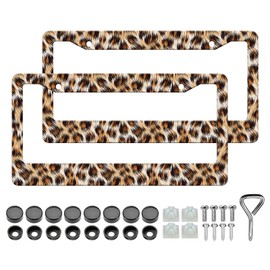 Leopard License Plate Frame - 2PCS Brown Cheetah Print Funny Aluminum Metal License Plate Holder, Rust-Proof Waterproof Car Decorative Tag Frames for Standard Us 12x6 Inch