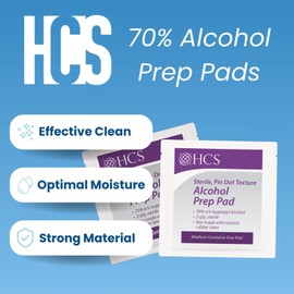 HCS Medium Alcohol Prep Pads - 70% Isopropyl Alcohol Wipes, Individually Wrapped - 2 ply, Textured, Sterile Skin Prep Swabs (200/Box)
