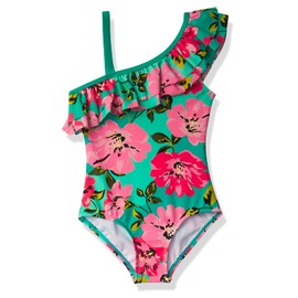 Kanu Surf Girls' Morgan Floral Ruffle 1-Shoulder 1-Piece Swimsuit, Flower Power Pink/Green, 2T