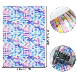 Juego de 8 hojas de piel sintética de 21 cm x 30 cm, serie de escamas de sirena mixtas, tela de impresión de purpurina fina para lazos de cuero, aretes