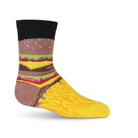K. Bell Unisex Child Fun Conversation Starter Crew - 1 Pairs Cool Novelty Gifts Casual Sock, Burger And Fries (Black), Medium US