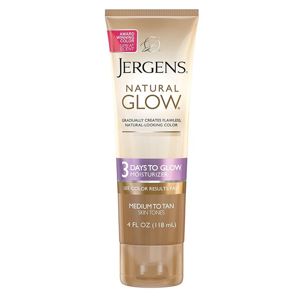 Jergens Natural Glow 3-Day Sunless Tanning Lotion, Self Tanner, Medium to Tan Skin Tone, 4 Ounce Sunless Tanning Moisturizer, for Streak-free Color