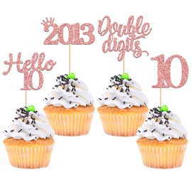 Gyufise 24Pcs Rose Gold Glitter Happy 10th Birthday Cupcake Toppers 10 Ten Hello 10 Double Dights Since 2013 Cupcake Picks for 10th Birthday Party Decorations