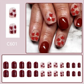 24pc Fall Maple Leaf Nails - Glitter Design, Glossy Full Cover, Reusable Acrylic False Nails for Women, DIY Thanksgiving Nails