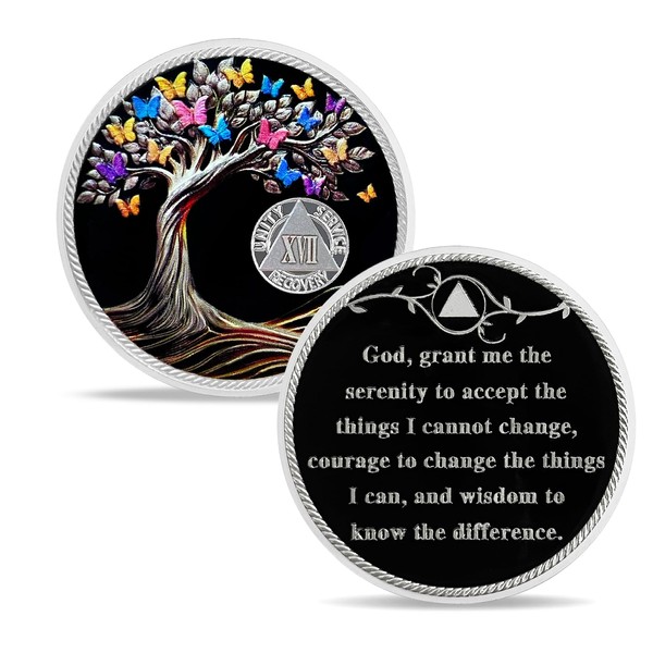 IELCJJ 17 Year Delicate Sobriety Coin, Recovery Colorful Butterfly Tree