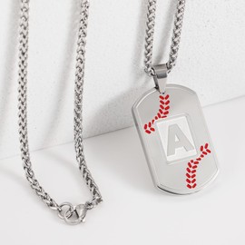 GWIZJ Baseball Initial A-Z Letter Necklace Dog Tag for Men Boys Son Boyfriend Stainless Steel Pendant Sports Athletes Jewelry Gifts 24 Inch Chain, Stainless Steel, No Gemstone