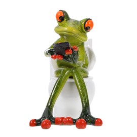 VOSAREA Frog Ornament Statues Decor Funny Desgin Adorable Sitting on Toilet and Texting Fairy Garden for Indoor Outdoor Home Desk Bathroom Decoration