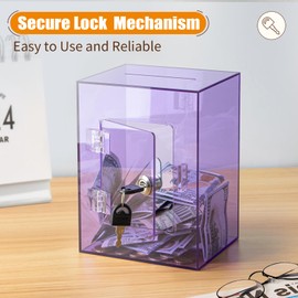 Hicocool Clear Piggy Bank with Lock, Acrylic Piggy Bank for Adults Kids Openable, Reusable Money Saving Box with Key for Birthday (Purple)