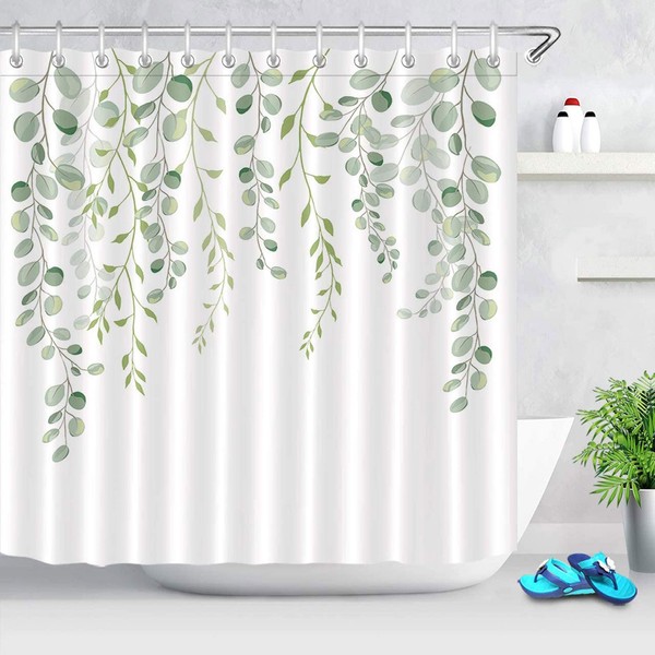ECOTOB Green Leaves Shower Curtain for Bathroom, Spring Watercolor Plant Floral Round Eucalyptus Green Leaf Fabric Bathroom Decor Set with Shower Curtain Hooks, 72x72 Inch