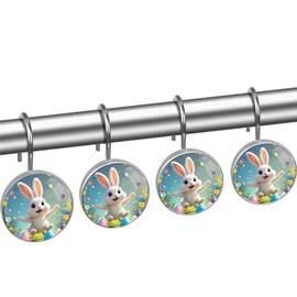 Easter 12pcs Shower Curtain Hooks,Cute Rabbit Decorative Shower Curtain Hanger Rings Roller,Stainless Steel Round Shower Rings Hangers for Bathroom
