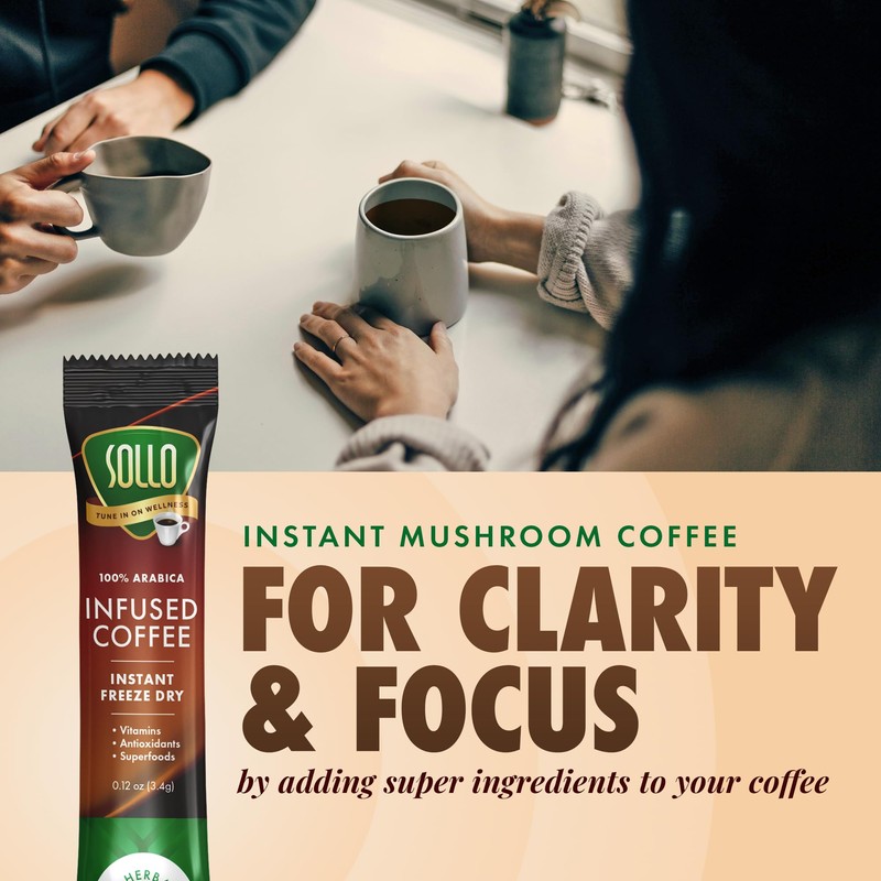 Sollo Infused Instant Mushroom Coffee Sticks, Memory & Clarity Support,
