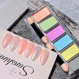 Kit Polvo Efecto Espejo Aurora Unicornio/Metalico 6 Color + Aplicador para Uñas Nail Art