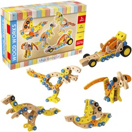 Wowow Toys Wood Works Mega Building Set | 5 IN 1 Wooden Construction Set | 125+ Piece Build Your Own Construction Playset | Wooden Building Kit | Kids' Play Figures & Vehicles | Ages 3+