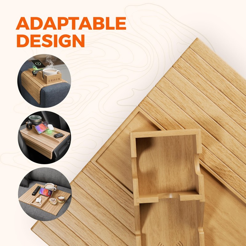 Croon Bamboo Sofa Arm Tray with Wireless Charger for Mobiles,