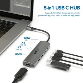 Mobile Pixels 5-in-1 USB C Hub Multiport Adapter, with 4K HDMI (no ethernet), 100W Power Delivery, 1 USB-C and 3 USB-A Data Port Dongle, USB HDMI Hub for MacBook,Window, Android,XPS, Type-C Device