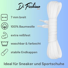 Di Ficchiano flat lace-up made of 100% cotton for trainers and trainers - very tear-resistant - approximately 7 mm wide, 45 cm - 200 cm length. Made in Europe., white, 160 cm