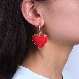 Inilbran Boho Resin Red Heart Dangle Earrings Vintage Puffy Heart Drop Earrings Red Enamel Heart Hoop Earrings Punk Love Heart Statement Earrings Jewellery for Women and Girls, Zinc