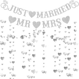 Aiyraa Silver Just Married Banner, Just Married Wedding Decorations