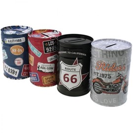 jameitop® $ Set of 4 USA Money Box 12 cm Tin Cannot Open Tin Save Tin Route 66 Motorcycle U.S License Plate