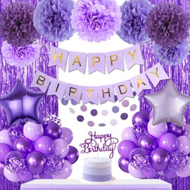 Purple Birthday Decorations for Women - Purple Party Decor Balloons with Happy Birthday Banner Purple Fringe Curtain Backdrop Paper Pompoms, Happy Birthday Party Decorations for Girls Boy