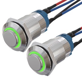 APIELE (Pcs of 2) 12mm Momentary Push Button Switch High Round Head Stainless Steel 1 Normally Open with Ring Led (Green)