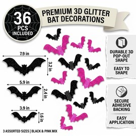 36PCS 3D Pink Glitter Parper Bat Wall Decals Halloween Decorations Outdoor