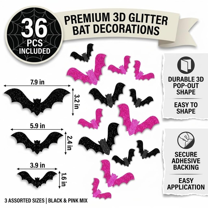 36PCS 3D Pink Glitter Parper Bat Wall Decals Halloween Decorations