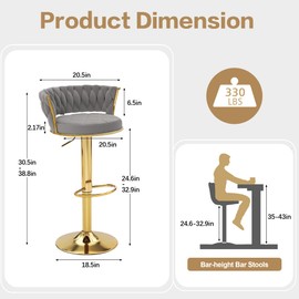 VECELO Bar Stools Set of 2, Adjustable Barstools Counter Height Stools with Back and Arm, Velvet Woven Kitchen Island Stools w/Gold Metal Leg & Base, 360° Swivel Bar Chair, Light Grey