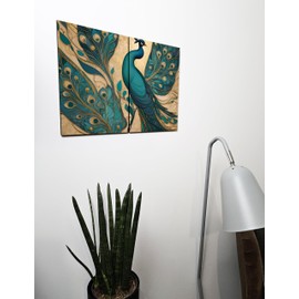 The Plum Penguin Art Nouveau Peacock Wall Art, A4 Dual Wood MDF Panels, Turquoise & Gold Decor Canvas Alternative 40 x 30cm