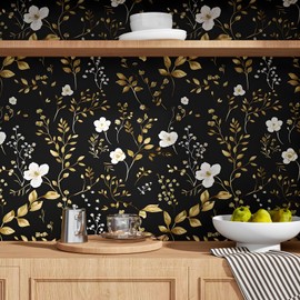 HENNOR Black Floral Wallpaper Peel and Stick Golden Leaf Wallpaper Vintage Floral Contact Paper for Cabinets Waterproof Self Adhesive Boho Wall Paper for Kitchen Bathroom Desk 17.5in x 32.8ft