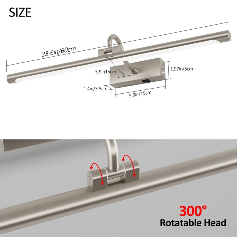 Aipsun 23.6" Brushed Nickel Picture Lights for Wall Rechargeable,12000mAh LED