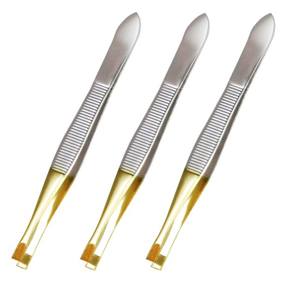 Luxxii (3 Pack) Gold Tone Flat Tweezers - Stainless Steel Flat Tweezers Hair Plucker for Hair and Eyebrows Personal Care (E_GOLD TONE)