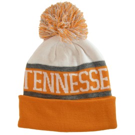 Tennessee Wide Stripe Winter Knit Pom Beanie Hat (White/Orange)