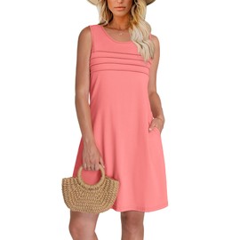 OFEEFAN Womens Pleated Front Tank Dresses Fashion Spring Sleeveless Pockets Sundresses Casual Summer Coral L