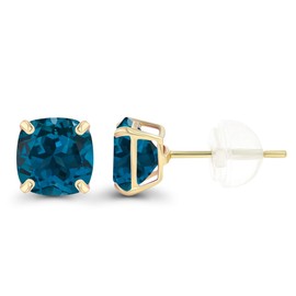 Solid 14K Yellow Gold 6mm Cushion Natural London Blue Topaz December Birthstone Genuine Stud Earrings For Women