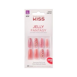 KISS Jelly Fantasy On-Trend - Juego de uñas translúcidas con pegamento largo y esculpido para presionar, "Be Jelly", con pegamento de uñas de gel rosa