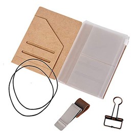 Passport Size Travelers Notebook Accessories Kit - Kraft File Folder, Zipper Case, Pen Holder, Binder Clip and 2 Elastic Bands