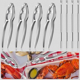 JIUGUNIANG 8pcs Crab Leg Crackers Set, Seafood Tools Contain 4 Nut Crackers and 4Stainless Steel Forks, Crab Crackers and Tools for Seafood Boil Party Supplies, Dishwasher Safe
