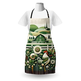 Ambesonne Farmhouse Apron, Scandi Boho Style Country Fields and Rooster with Leafy Sunflower Garden, Unisex Kitchen Bib with Adjustable Neck for Cooking Gardening, Adult Size, Peacock Green Beige