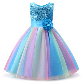 Uhnice Little Girl's Sequin Sleeveless Mesh Rainbow Dress for Wedding Party (6 Years, Blue)