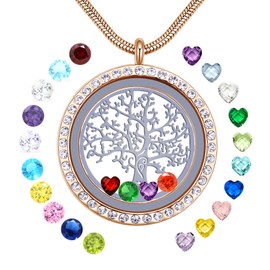 GOKING 18K Gold Plated Family Tree of Life Floating Locket Necklace, Diy Stainless Steel Pendant with 24Pcs Birthstones for Mummy Mom Mother in Low Grandma Nana Aunt Niece