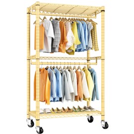 Raybee 79" H Heavy Duty Rolling Garment Rack for Hanging Clothes Adjustable Clothing Rack with Wheels, Hanging Rods,79" H X35.5 W X15.7 D,Yellow