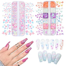 Nail Hologram Set of 2 Cute Ultra Thin Flower Butterfly Rabbit Moon Star Heart Hologram Nail Parts Aurora Nail Holo Sequin Glitter Gel Nail Art Resin Deco Parts (A)