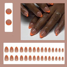 24Pcs Fall Tip Press on Nails Short Almond - ZWENJIE Autumn Orange Cute Sequins Fake Nails Press ons Nail French Art Tips with Glossy Design Full Cover Acrylic False Nails Glue on Nails for Woman Girl