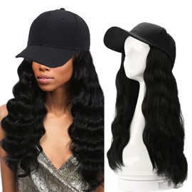 LaLuLoLi Natural Black Wig with Black Baseball Cap 16 Inch Synthetic Hair Extensions Hat Curly Wavy Corn Body Wave Hairpiece Hats with Hair Hat and Wig for Women Girl Lady