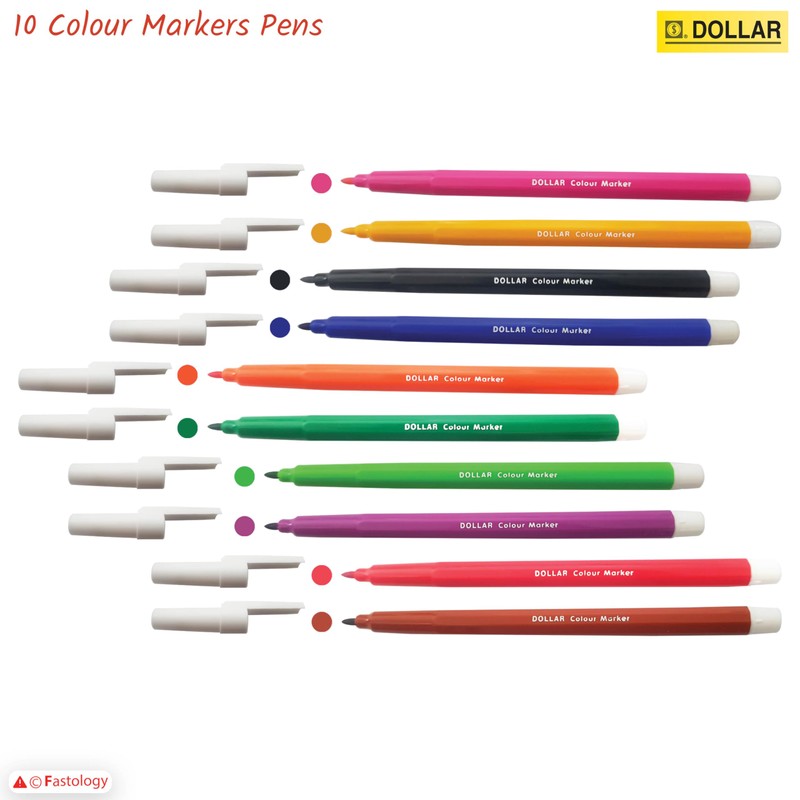 Felt Tip Pens, MULTICOLOUR, Fibre Fine Point, Pack of 10,